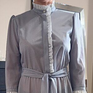 Vintage Pinstripe Secretary Dress Leslie Belle Ruffle Collar Belted Prairie 70s